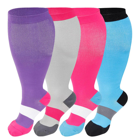 Wide calf compression socks 20-30 mmHg fitting plus size legs without pinching
4-pair compression socks bundle for wide calves showing size variety