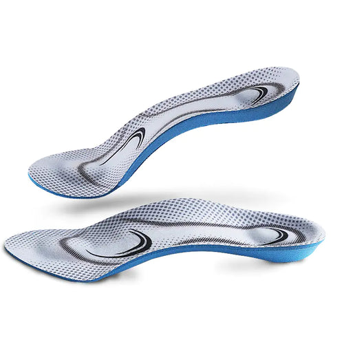 Flat foot correction insoles with arch support and heel cushioning
Orthopedic insoles showing trim-to-fit design for custom shoe sizing

