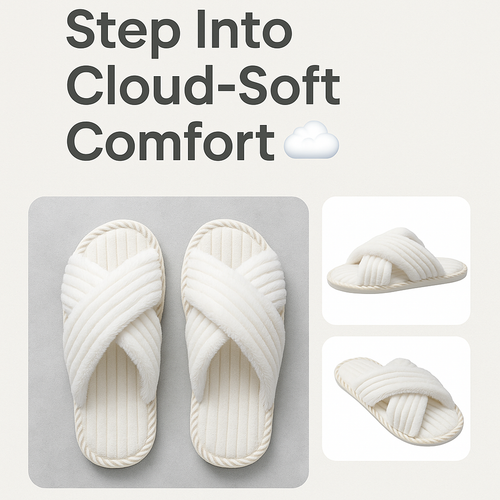 JIASUQI Women’s Memory Foam Fuzzy Slippers – Open Toe, Cross Band, Cozy Indoor/Outdoor House Shoes